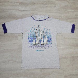 Vintage Mackinac Sail Boat Graphic Gray Drawstring Neck Tonita T-Shirt Medium